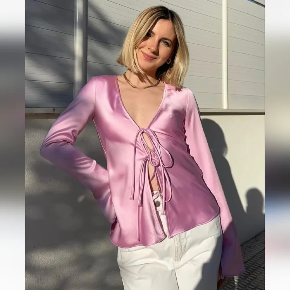 Zara Pink Satin Tie-Front Top Size XXL
